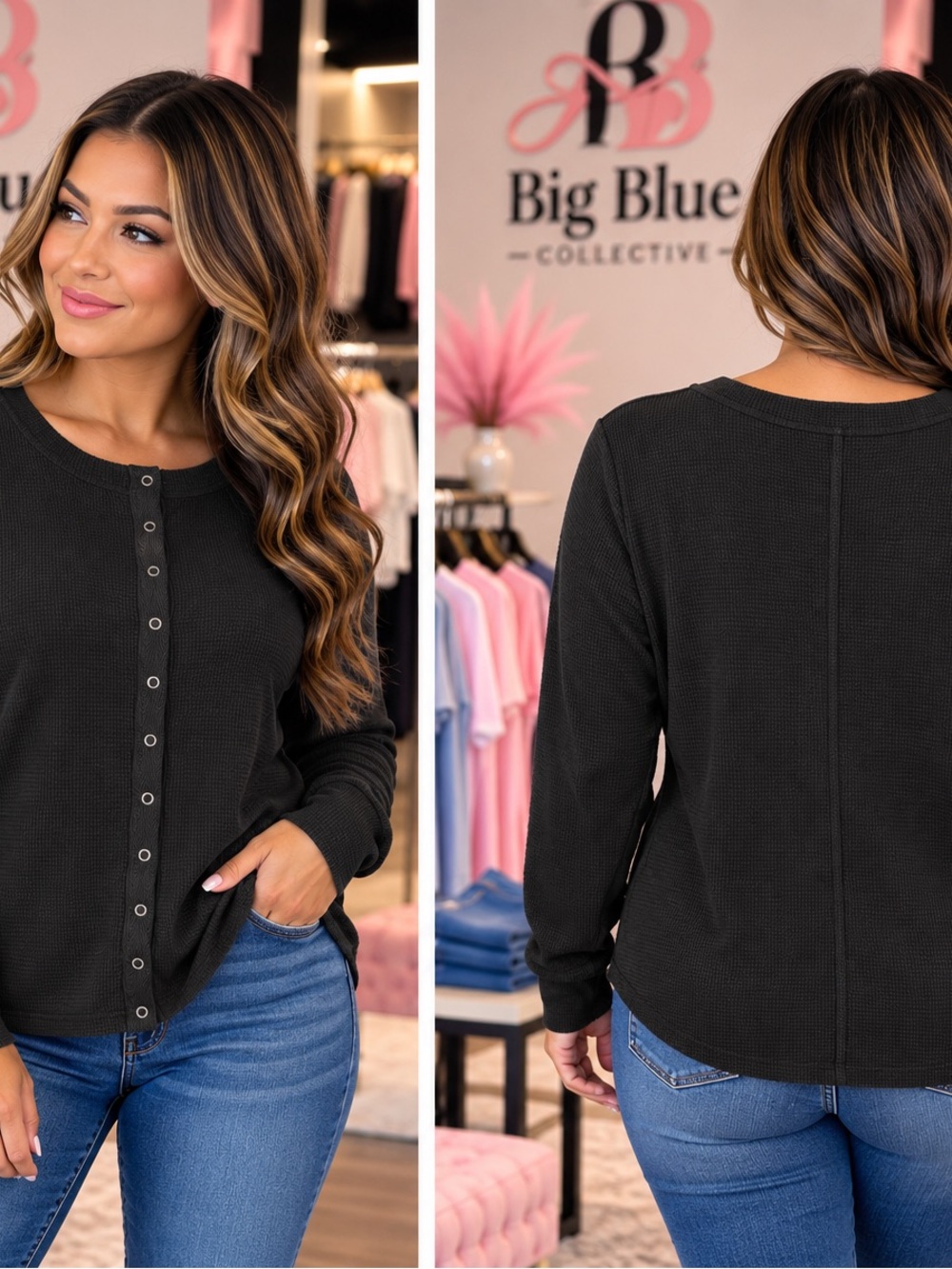 Zenana Outfitters Black Waffle Snap-Front Long Sleeve Top